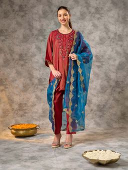 Silver Lime - Red Round-Neck Kurta Pant and Dupatta