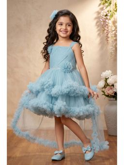Lagorii - Blue Sleeveless Stone Work and Floral Embellished Tail Back Frock