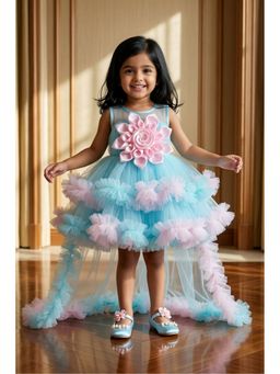 Lagorii - Blue Floral Party Frock with Ruffle High-Low Hem