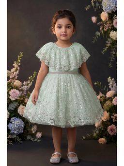Lagorii - Green Sequinned Net Party Wear Frock with Floral Embellishment