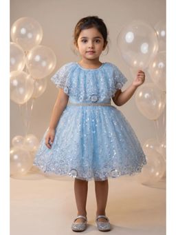 Lagorii - Sky Blue Sequinned Net Party Wear Frock with Floral Embellishment