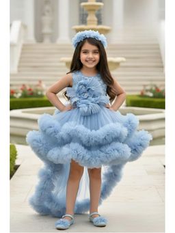 Lagorii - Blue Party Frock with 3D Floral Detail and Layered Tailback