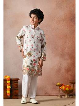Indi-Loom Couture - Boys White Floral Printed Ethnic Kurta with Pyjama