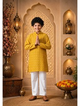 Indi-Loom Couture - Boys Mustard Self Design Ethnic Kurta with Pyjama