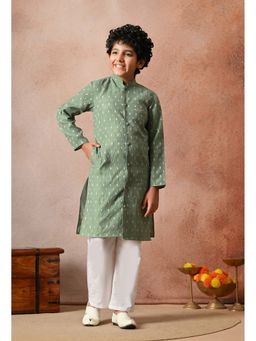 Indi-Loom Couture - Boys Green Chanderi Blazer Booti Kurta with Pyjama