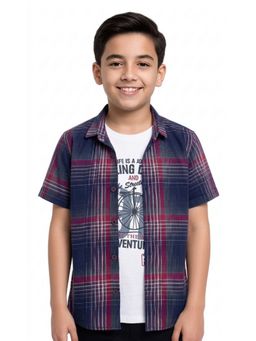 CAVIO - Navy Blue Boys Half Sleeves Checked Shirt with T-Shirt