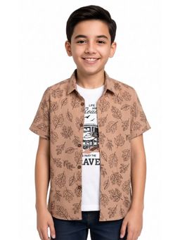 CAVIO - Brown Boys Printed Short Sleeve Casual Shirt with T-Shirt