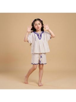 BYB Premium - Beige Girls Linen Embroidered Top and Shorts