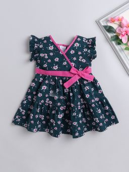 The Magic Wand - Navy Blue Solid Bow Floral Cap Sleeves Dress with Belt
