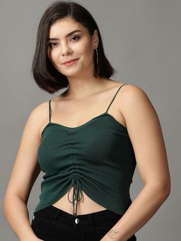 SHOWOFFFF - Womens Shoulder Straps Fitted Solid Green Crop Top