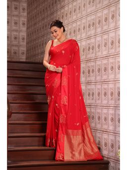 KAVVYA - Silk Handloom Saree with Unstitched Blouse - Red