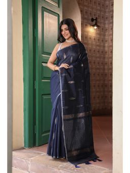 KAVVYA - Silk Handloom Saree with Unstitched Blouse - Navy Blue
