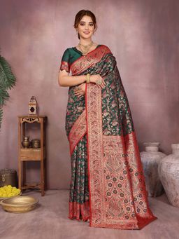 Varanga - Women Banarasi Saree with Unstitched Blouse- Green