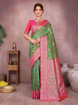 Varanga - Women Banarasi Saree with Unstitched Blouse- Green