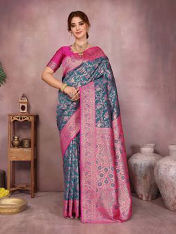 Varanga - Women Banarasi Saree with Unstitched Blouse- Blue