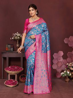 Varanga - Women Banarasi Saree with Unstitched Blouse- Blue