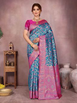 Varanga - Women Banarasi Saree with Unstitched Blouse- Blue