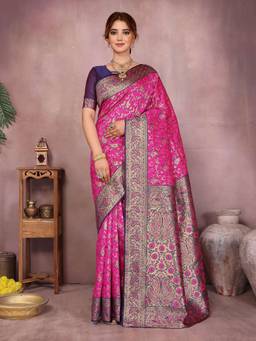 Varanga - Women Banarasi Saree with Unstitched Blouse- Pink