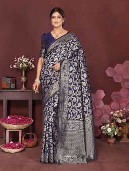 Varanga - Women Banarasi Saree with Unstitched Blouse- Blue
