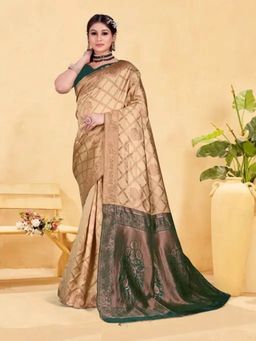 Varanga - Women Banarasi Saree with Unstitched Blouse- Beige