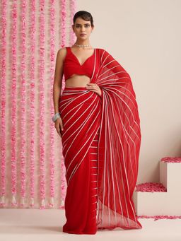 Swtantra - Red and Silver Impression Georgette Saree with Unstitched Blouse