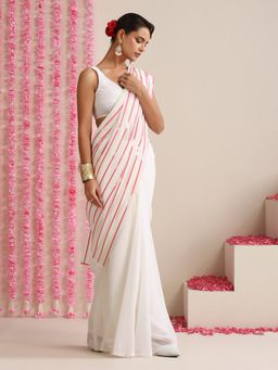 Swtantra - White and Dual Neon Green Pink Impression Georgette Saree with Unstitched Blouse