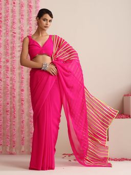 Swtantra - Pink and Dual Neon Green Pink Impression Georgette Saree with Unstitched Blouse