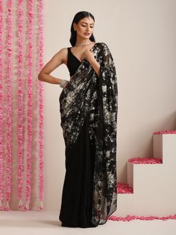 Swtantra - Black Georgette Saree with Unstitched Blouse