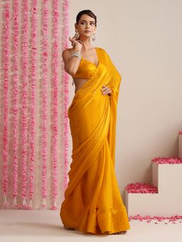 Swtantra - Yellow Metallic Satin Saree with Unstitched Blouse