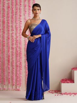 Swtantra - Electric Blue Solid Satin Saree with Unstitched Blouse