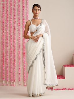 Swtantra - White Cotton Chanderi Saree with Unstitched Blouse