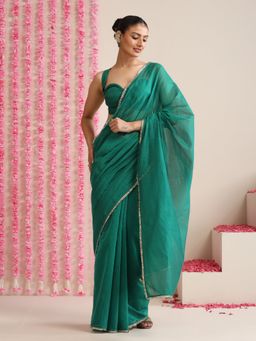 Swtantra - Green Cotton Chanderi Saree with Unstitched Blouse