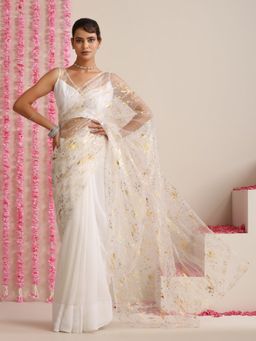 Swtantra - White Georgette Saree with Unstitched Blouse