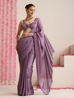 Swtantra - Purple Crepe Saree with Unstitched Blouse