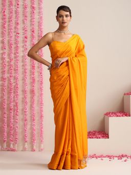 Swtantra - Foxy Orange Crepe Saree with Unstitched Blouse