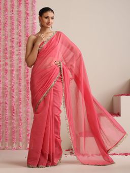 Swtantra - Pink Cotton Chanderi Saree with Unstitched Blouse