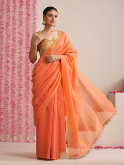 Swtantra - Pink-Orange Dual Shade Cotton Chanderi Saree with Unstitched Blouse