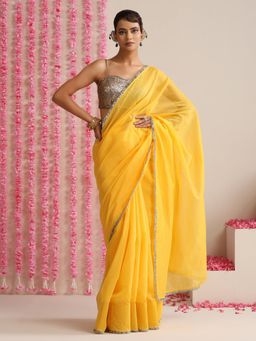 Swtantra - Yellow Cotton Chanderi Saree with Unstitched Blouse