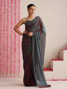 Swtantra - Navy Blue Dual Shade Chiffon Saree with Unstitched Blouse