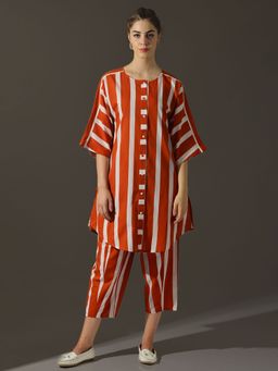 Dora Dori - Relaxed Fit Striped Pure Cotton Round Neck Kurta And Trouser Sets