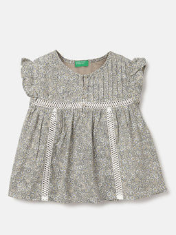 United Colors of Benetton - Regular Fit Round Neck Floral Grey Mini Dress