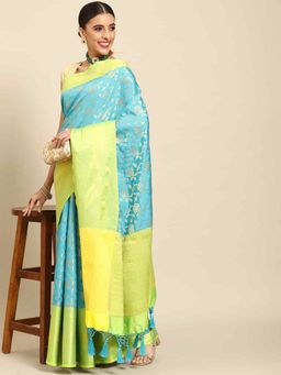 Silk Land - Womens Brocade Soft Silk Blue Zari Woven Saree with Unstitched Blouse