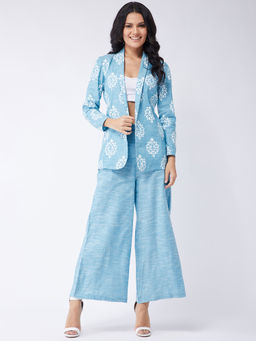 Pannkh - Women's Chambray Printed Blazer With Pant Set