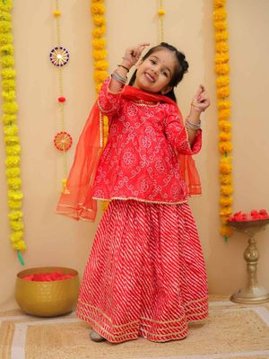 Girl Panelled Bandhani Skirt Set-Red