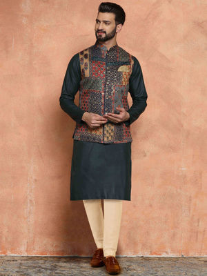 KISAH Set giacca kurta da uomo con pantaloni, misto cotone