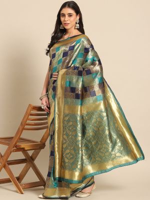 Women's Silk Blend Tealblue WovenDesign HandloomSaree With Blouse Piece
