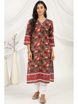 TAHILIYA - Red-Green Straight Sanganeri Kurta