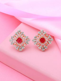 Estele - Gold Plated Cz Beautiful Stud Earrings With Red Crystals For Women