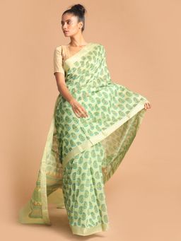Indethnic - Green Floral Cotton Blend Saree with Unstitched Blouse