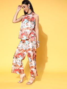 Ziyaa - Womens Multi Color Poly Silk Straight Top and Palazzo (Set of 2)